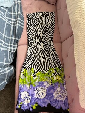 Dress Barn Strapless Zebra Print Midi Dress with Purple & Green Floral Hem